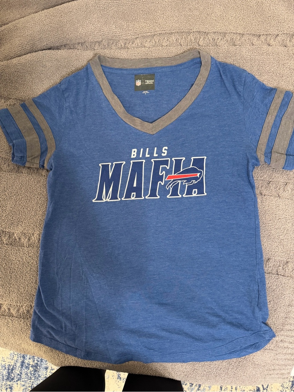 NFL Blue and Gray Women's V-Neck 'Bills Mafia' Graphic Tee